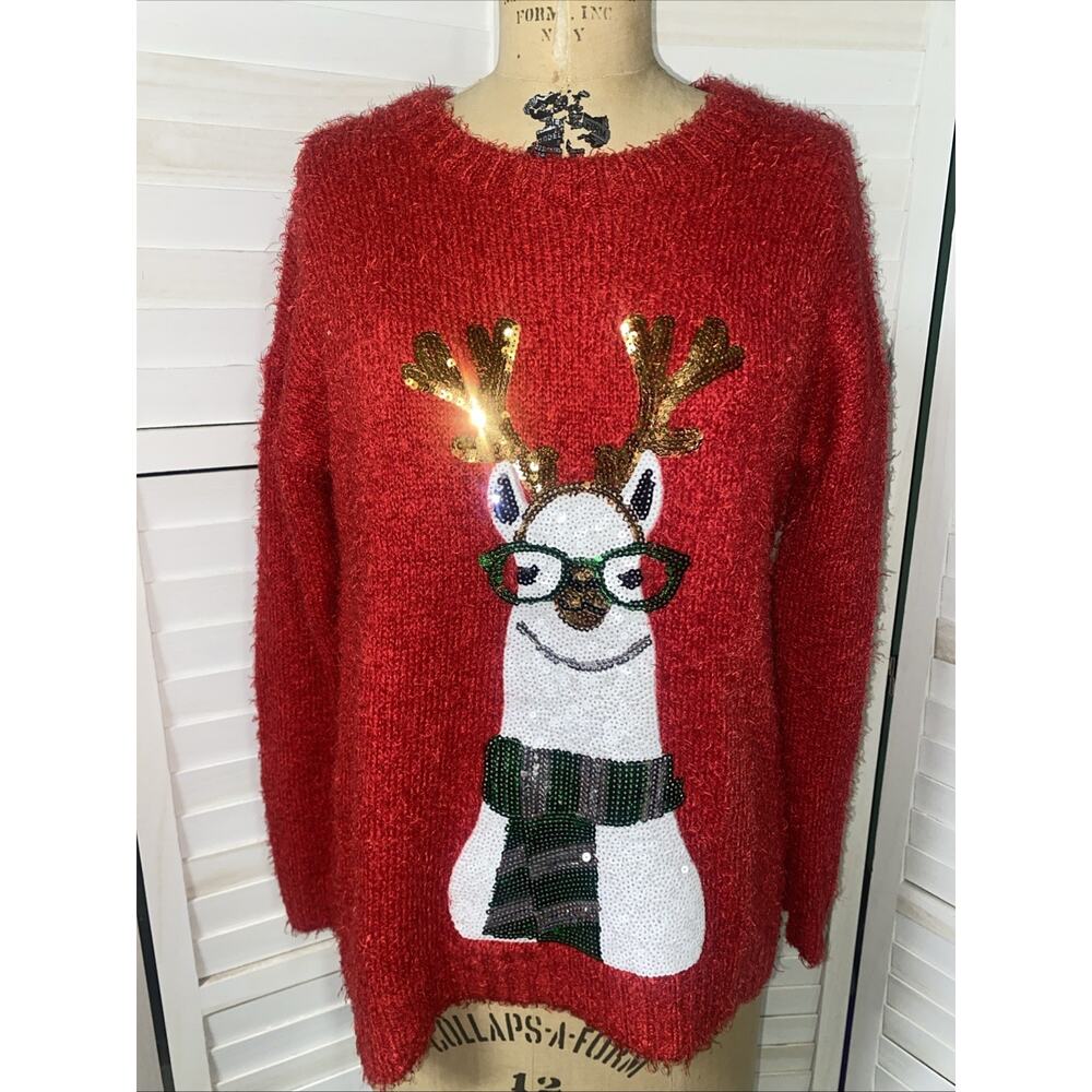 Isela Ugly Holiday Sweater Women’s Red Sequin Llama Tacky Funny Sz Small